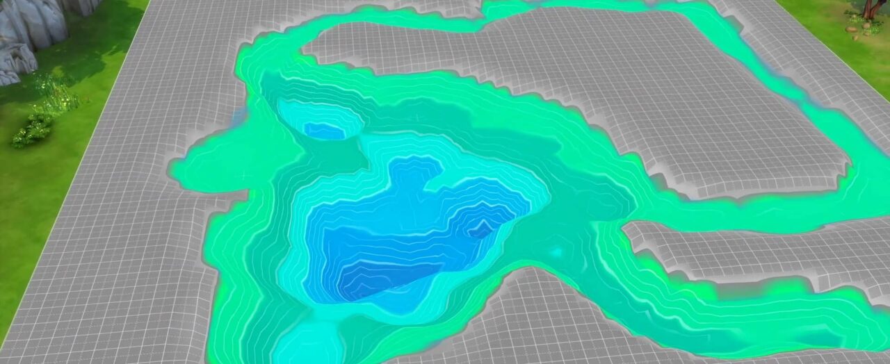 En vert sont indiquées les zones où les Sims peuvent patauger ou chercher des grenouilles ; les zones en bleu sont quant à elles inaccessibles