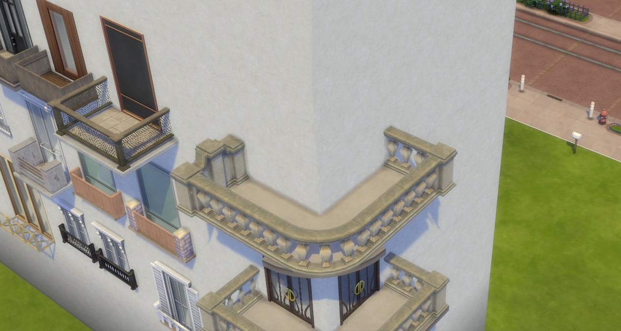 Voilà un beau balcon d'angle version Sims 4, prêt à être utilisé !