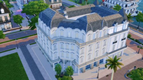 Même sans sa partie courbée, cet immeuble haussmannien ajoute une certaine classe au quartier de Magnolia Promenade dans Les Sims 4