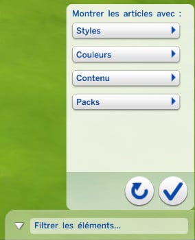Les Sims 4 propose 4 filtres de recherche, permettant d'afficher uniquement les objets répondant à certaines caractéristiques