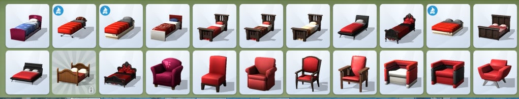 En affichant uniquement les objets par leur couleur grâce aux filtres, Les Sims 4 détaille les différents coloris disponibles pour chacun d'eux : certains modèles apparaissent donc plusieurs fois, mais dans des teintes différentes