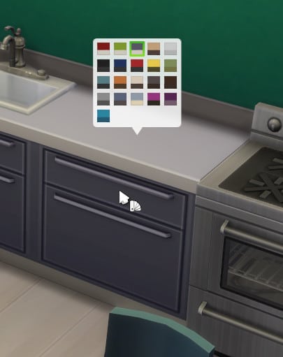 Dans Les Sims 4, une fois l'Outil Design activé (touche R), on peut changer le coloris des objets déjà placés sur le terrain
