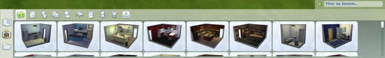 Le menu "Pièces meublées" donne accès aux pièces préfabriquées des Sims 4