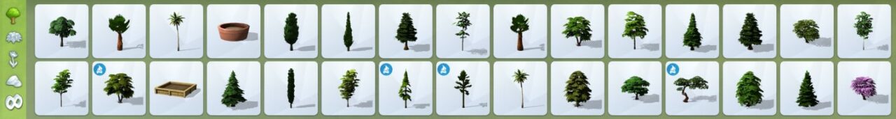 Le menu « Plantes d'extérieur » liste l’ensemble des plantes d'extérieur (arbres, buissons, fleurs...) et rochers disponibles dans Les Sims 4