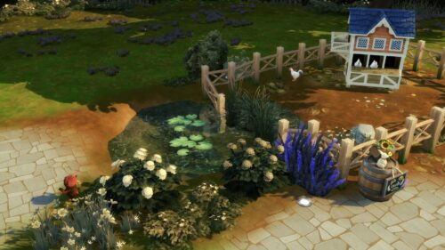 Les étangs constituent un bon moyen de délimiter les espaces de votre jardin, par exemple pour clôturer un poulailler des Sims 4 Vie à la Campagne
