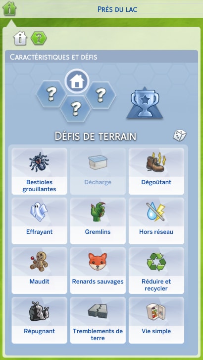 Le Volet Informations du terrain des Sims 4 affiche notamment les défis assignés au terrain